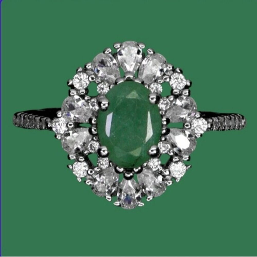 925 Sterling Silver Ring SZ 6.75 with Natural Emerald 7x5mm Gemstone